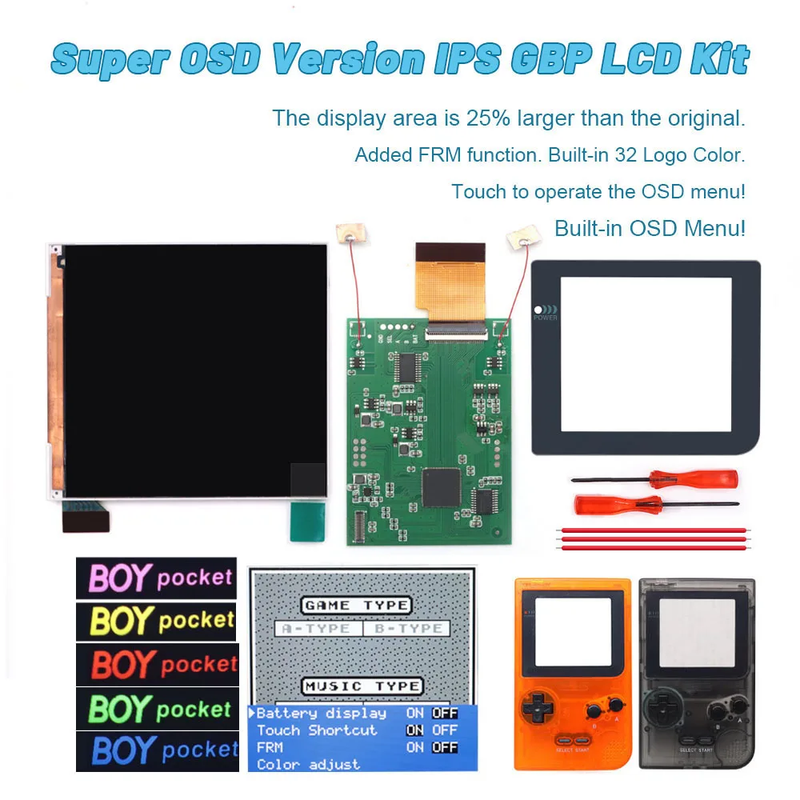 Larger IPS Q5 High Brightness Backlight Screen for Gameboy Pocket GBP Built-In O