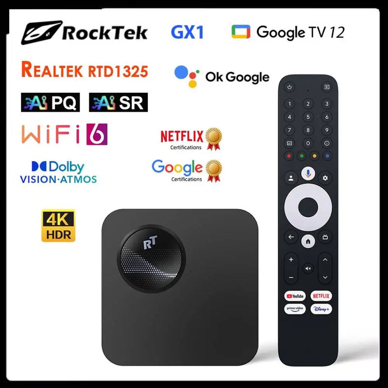 Netflix Certified Google 12 TV Box  GX1 UHD Realtek1325 A55 Edge AI Support Dolb