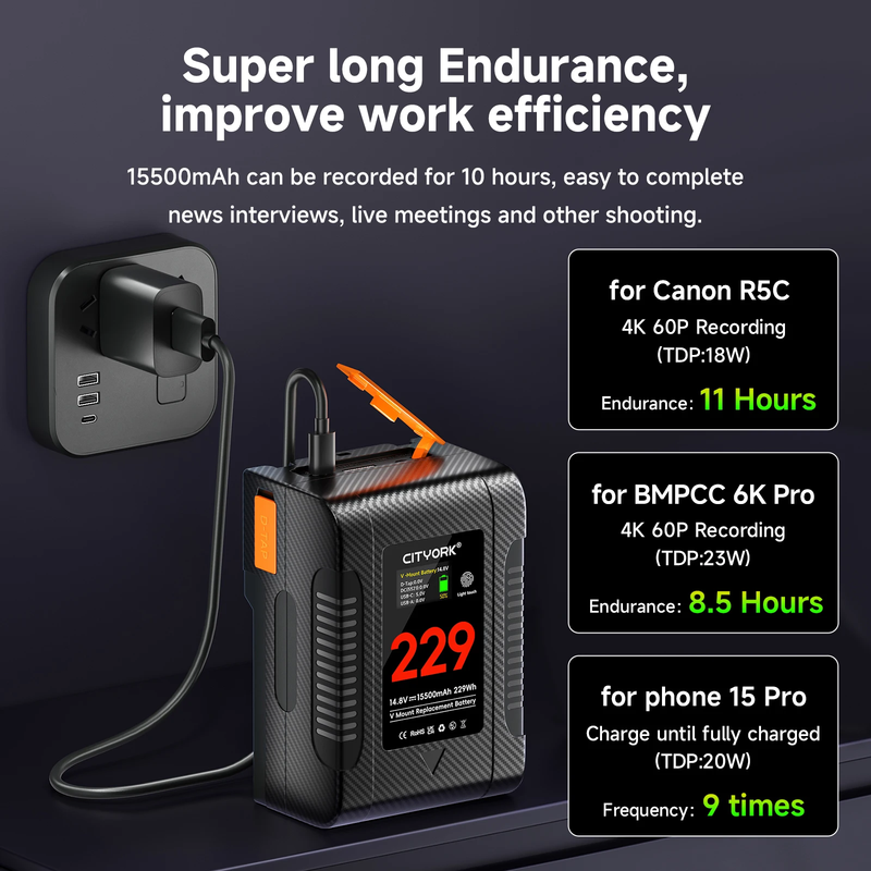 BP-229 V Mount Battery V Lock BP Portable Bateria with PD 65W Fast Charge Cable