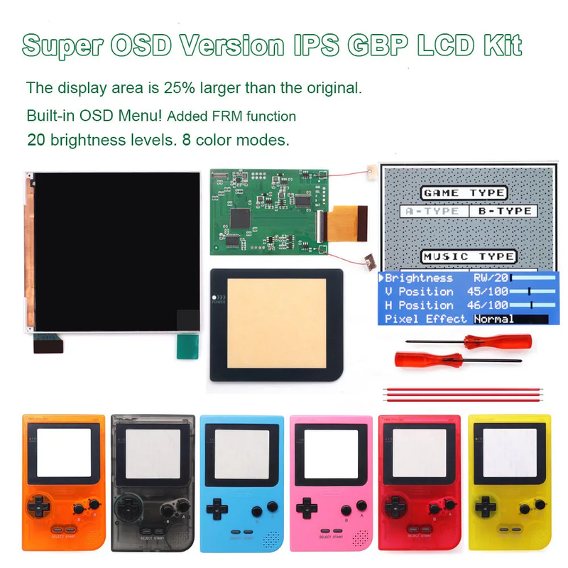 GBP Q5 Larger IPS Screen LCD Display Build in OSD for Gameboy Pocket 8 Color Ret