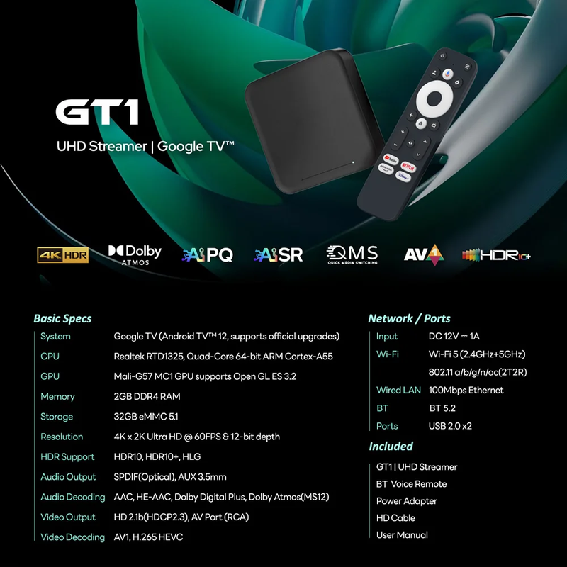 GT1 UHD Google TV Box Google Certified 2GB 32GB Realtek1325 A55 Edge AI Support