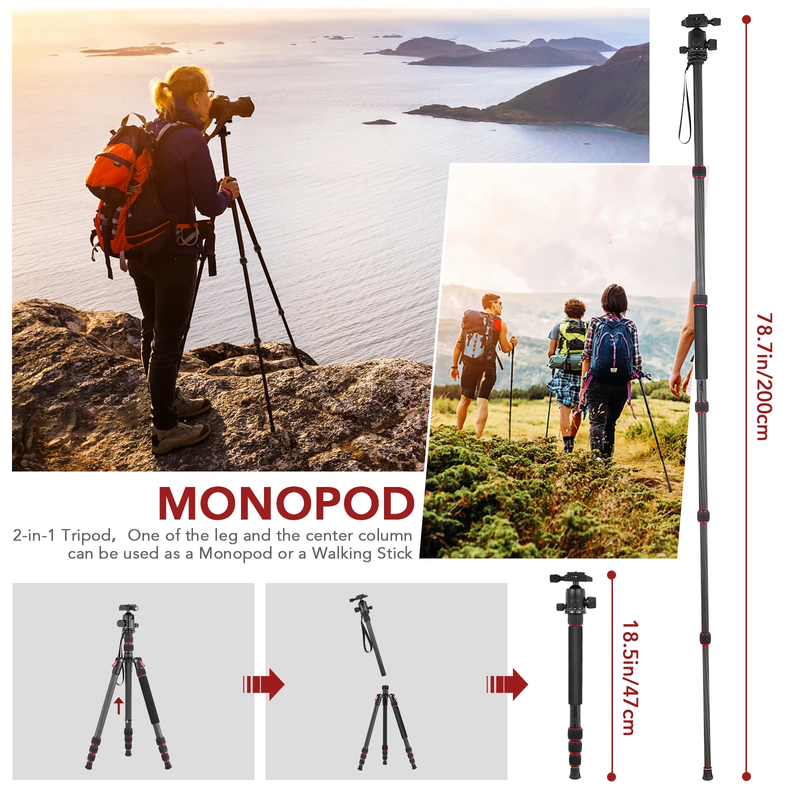 Andoer TTT-008 200Cm/78.7In Adjustable Carbon Fiber Camera Tripod Stand Monopod
