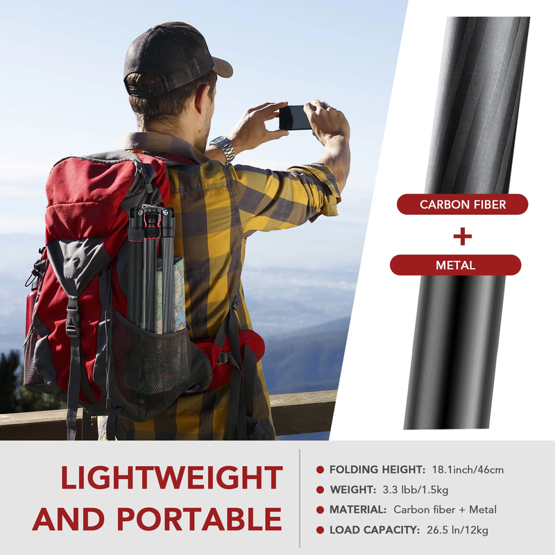 Andoer TTT-008 200Cm/78.7In Adjustable Carbon Fiber Camera Tripod Stand Monopod