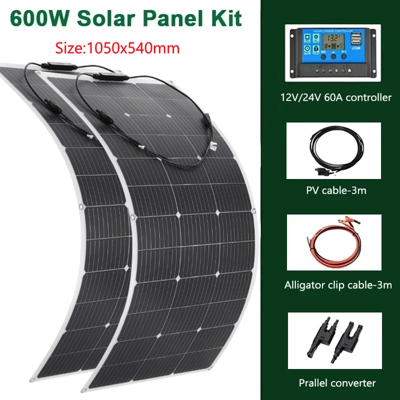600W 300W Solar Panel Kit 18V Flexible Monocrystalline Solar Cell Power Charger
