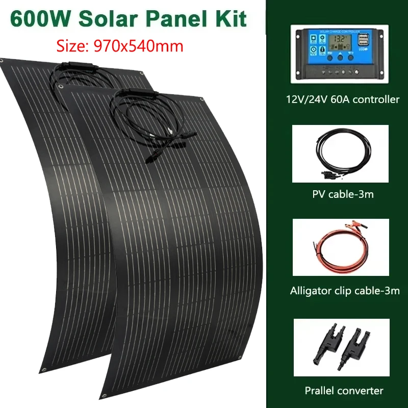 600W 300W Solar Panel Kit 18V Flexible Monocrystalline Solar Cell Power Charger
