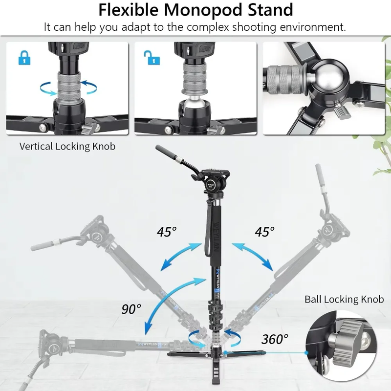 KA7 Professional Video Monopod Kit Unipod and Fluid Head Travel Tripod Stand Tel