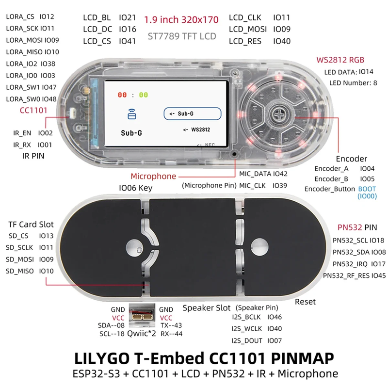 A17Z LILYGO New T-Embed ESP32-S3 CC1101 Low-Power Ghz RF Transceiver PN532 NFC R