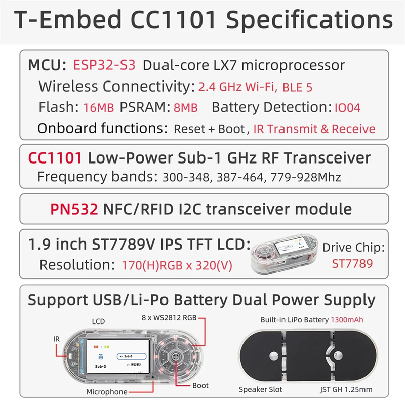 A17Z LILYGO New T-Embed ESP32-S3 CC1101 Low-Power Ghz RF Transceiver PN532 NFC R