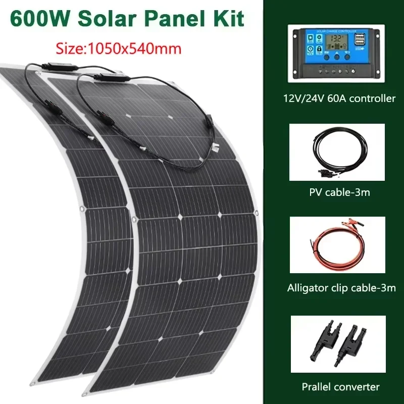 600W 300W Portable Flexible Solar Panel Kit Monocrystalline Cells Outdoor Charge