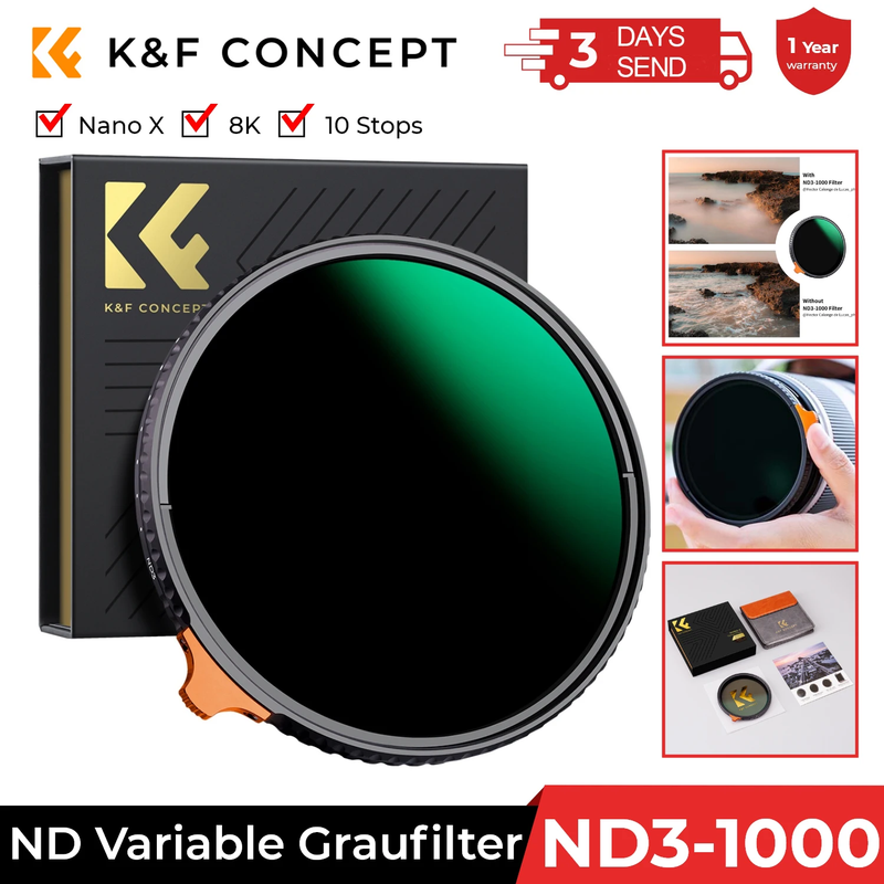 Variable ND Filter ND3 to ND1000 Multi Coated Adjustable Camera Lens Filters 49M
