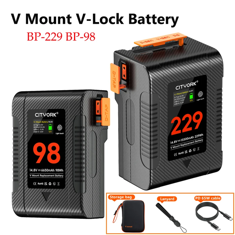V-Lock BP-229 BP-98 V Mount Battery PD 65W Fast Charging with Oled Digital Displ