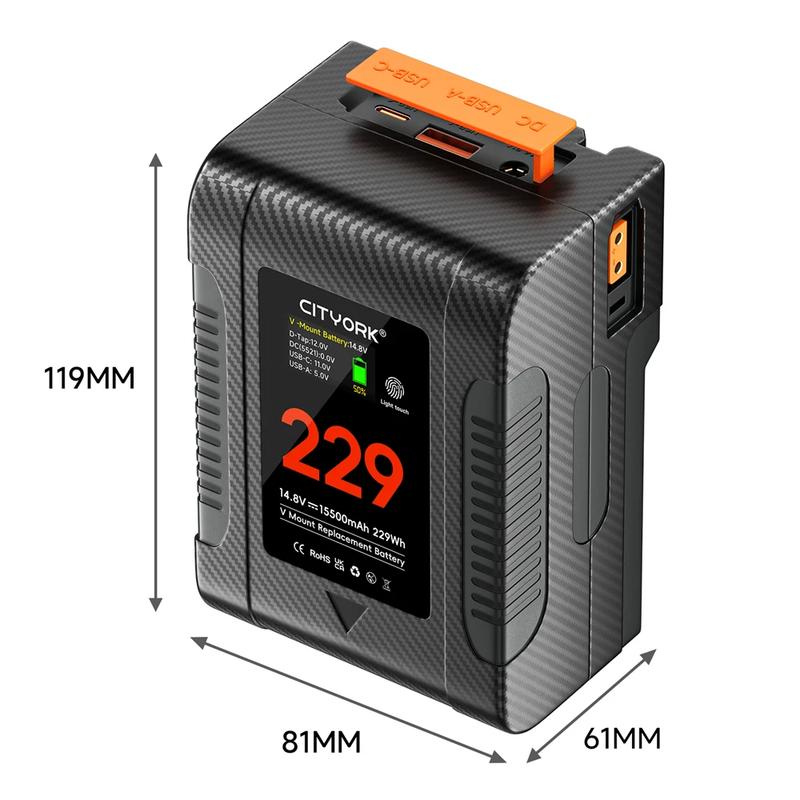 V-Lock BP-229 BP-98 V Mount Battery PD 65W Fast Charging with Oled Digital Displ