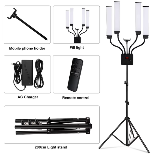LED Video Light 80W Four Arm Beauty Light with Adjustable Tripod Dimmable 3000-6