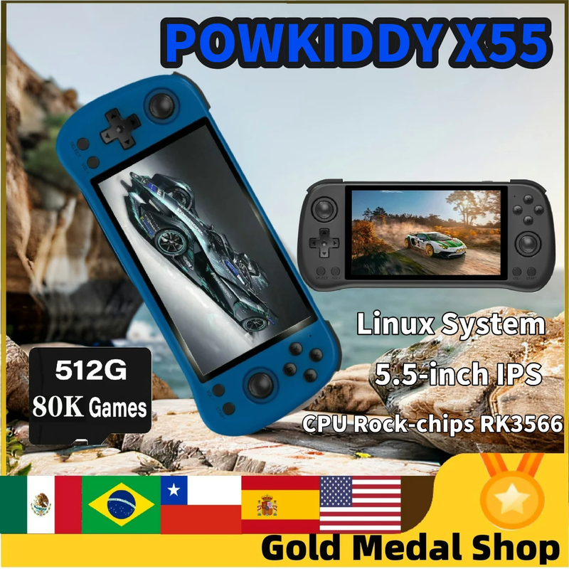 POWKIDDY X55 Handheld Game Console 5.5 INCH IPS Screen RK3566 Handheld Game Cons