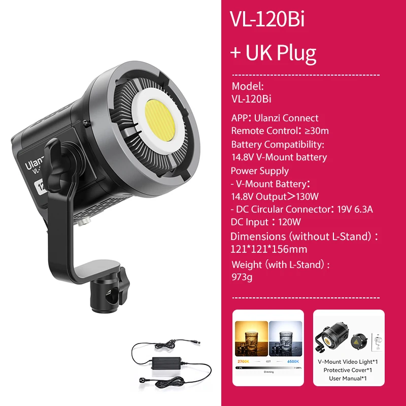 Vl-120Bi VL-120C 120W V-Mount COB Video Light Wireless APP Control 2700K-6500K C