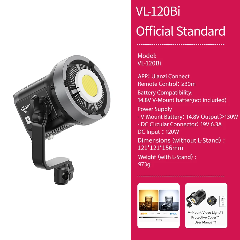 Vl-120Bi VL-120C 120W V-Mount COB Video Light Wireless APP Control 2700K-6500K C