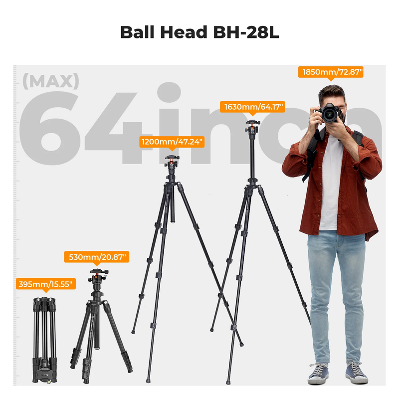Aluminum Travel Tripod Outdoor 63.8Inch/163Cm Portable Outdoor Tripod with Mobil