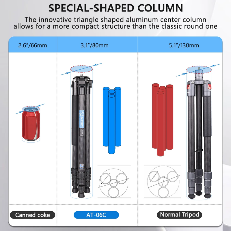 AT-06C Compact Carbon Fiber Tripod,25.5Mm Tube Professional Travel Tripod Monopo