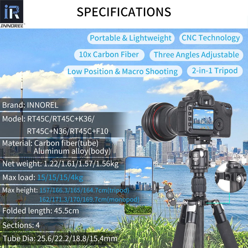 RT45C Portable Carbon Fiber Tripod Professional Travel Lightweight Monopod for D