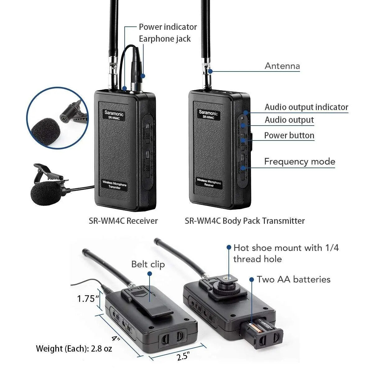 Saramonic SR-WM4C Compact and Lightweight VHF Wireless Microphone for Film