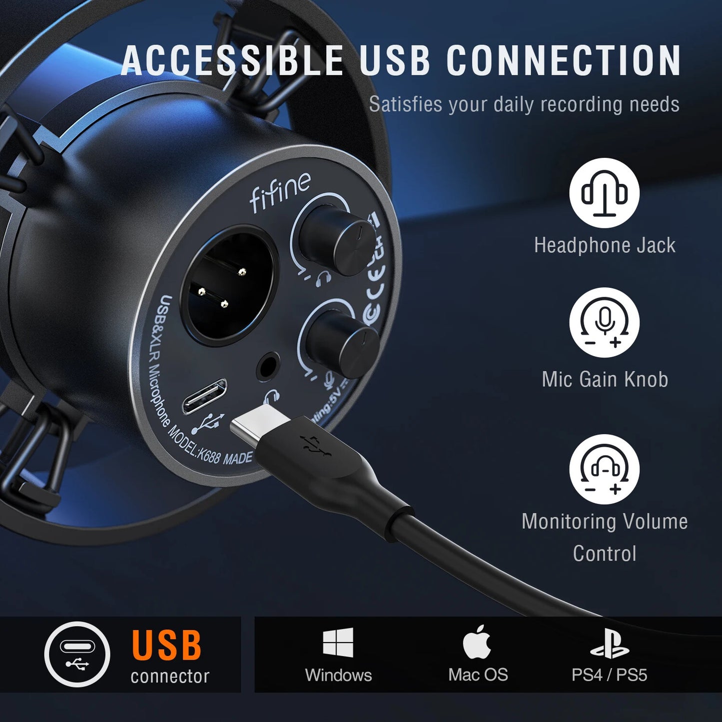 FIFINE Recording Microphone with Mute/Volume Gain/Monitor,Dynamic USB/XLR Metal