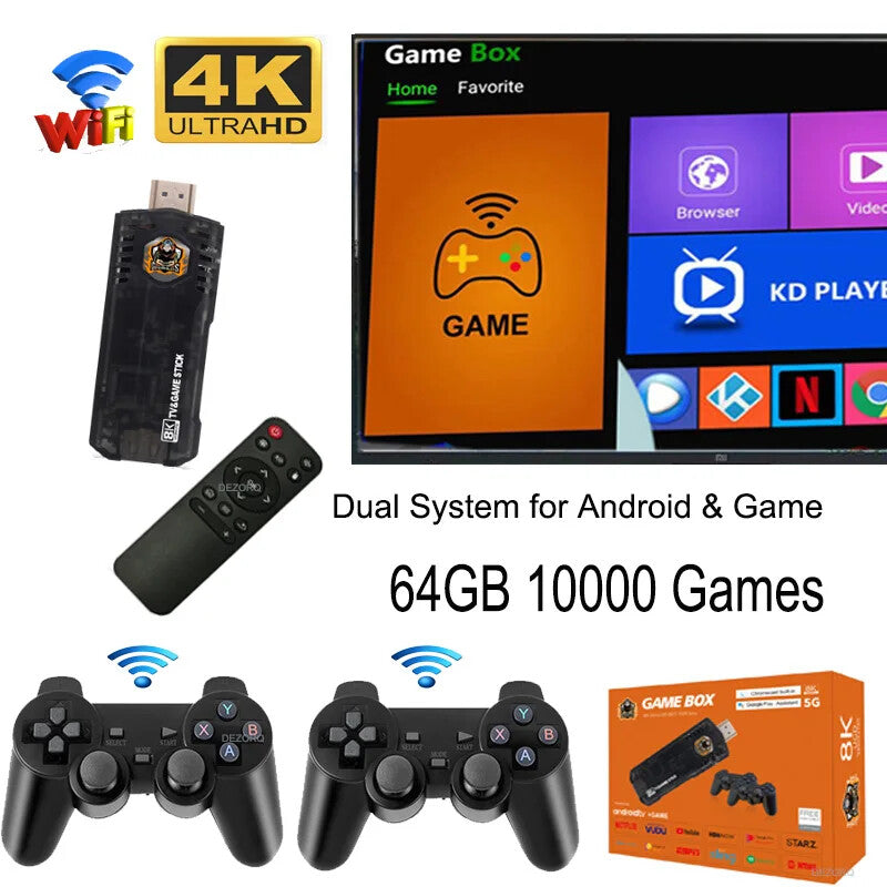 Retro Console 4K 10000 Games Video Game Stick 64GB Mini HD TV Stick for Android