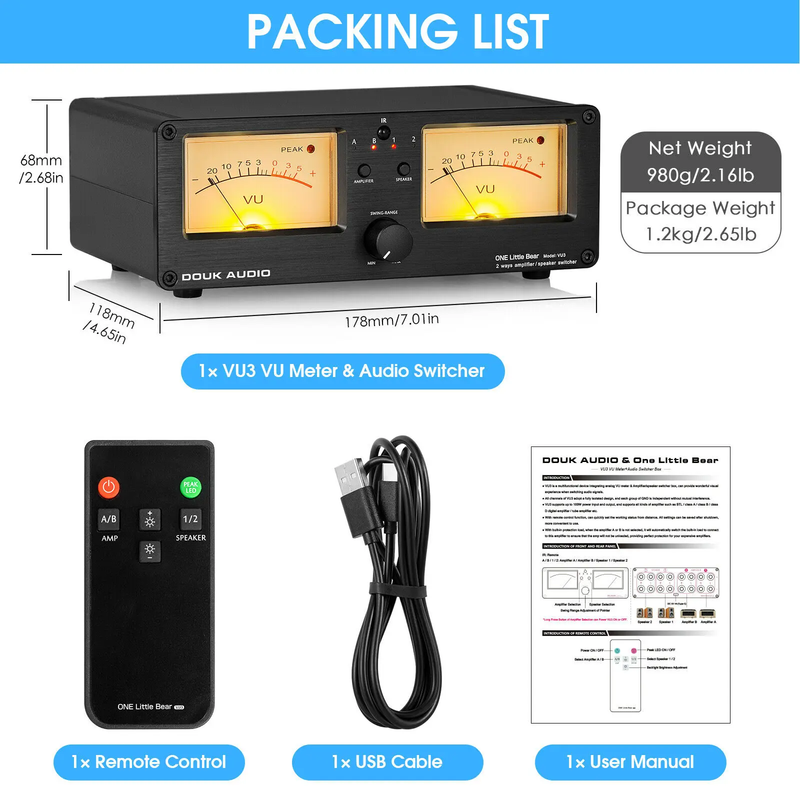 Dual Analog VU Meter 2-Way Amplifier/Speaker Audio Switcher Box DB Panel Display