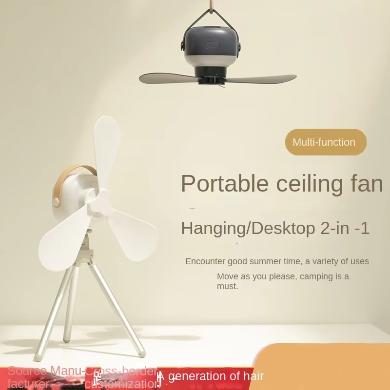 Portable Wireless Mini Ceiling Fan Light USB Fan with Remote Control, Stand, Nig