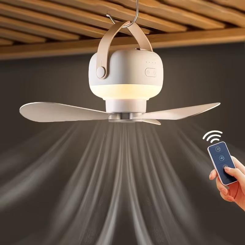 Portable Wireless Mini Ceiling Fan Light USB Fan with Remote Control, Stand, Nig