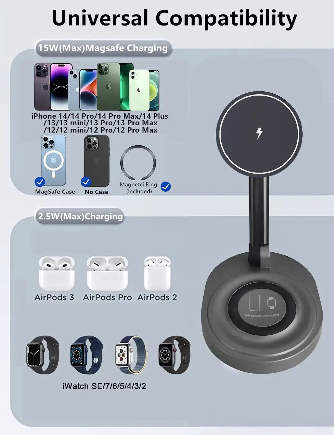 2-in-1 Magnetic Wireless Charger  Foldable Stand for MagSafe 15W Fast Charging