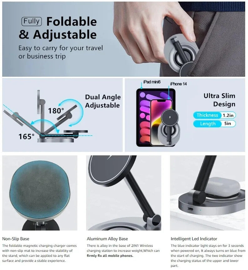 2-in-1 Magnetic Wireless Charger  Foldable Stand for MagSafe 15W Fast Charging