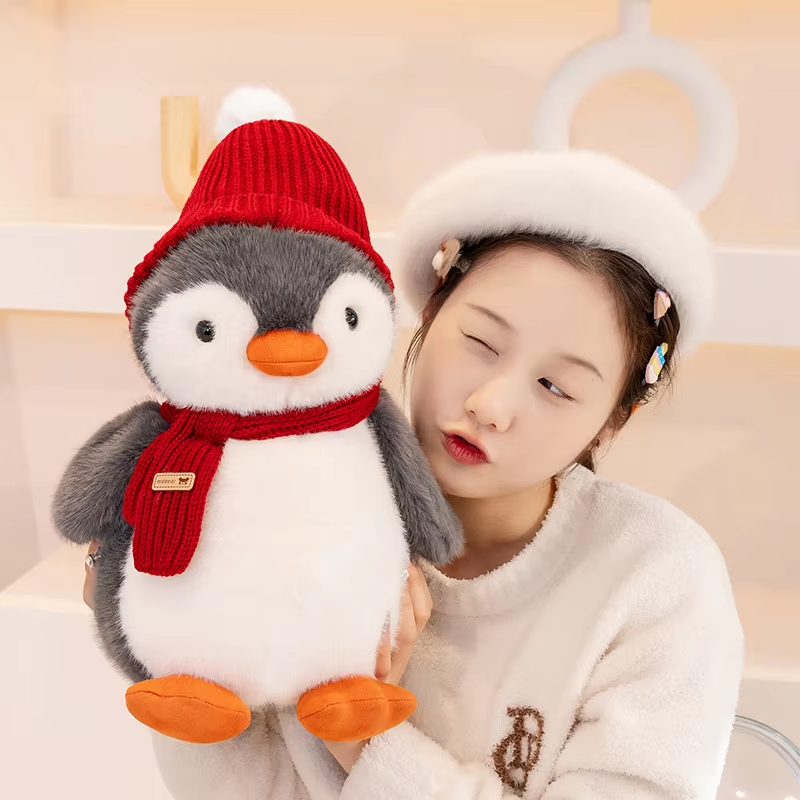 Kawaii High Quality Penguin Plush Doll Animal Stuffed Wearing Hat Scarf Camera W
