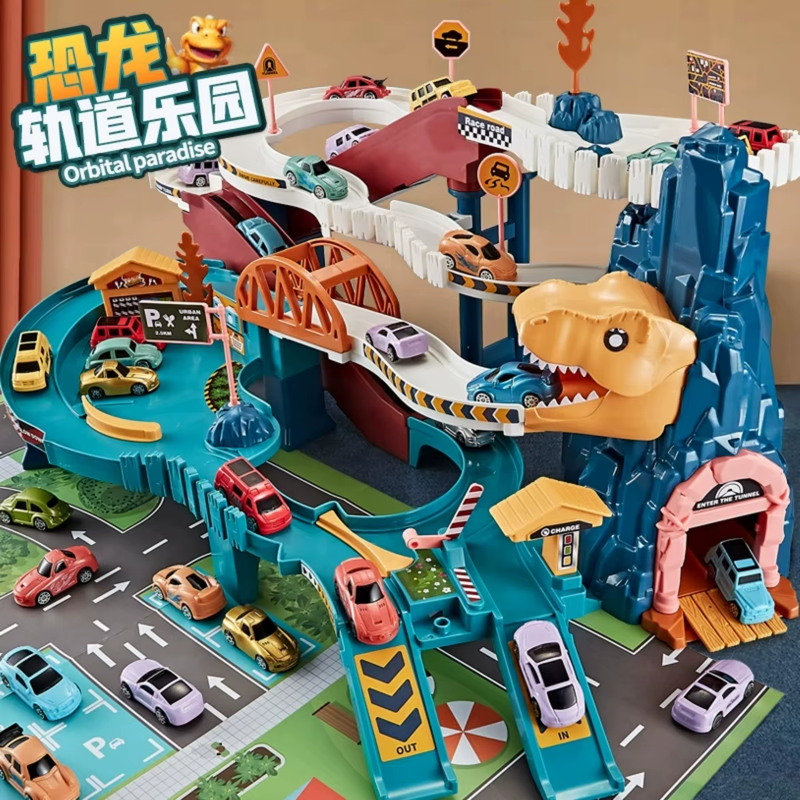 Electric Rail Car Dinosaur Building Parking Lot Adventure Racing Rail Car Toys C