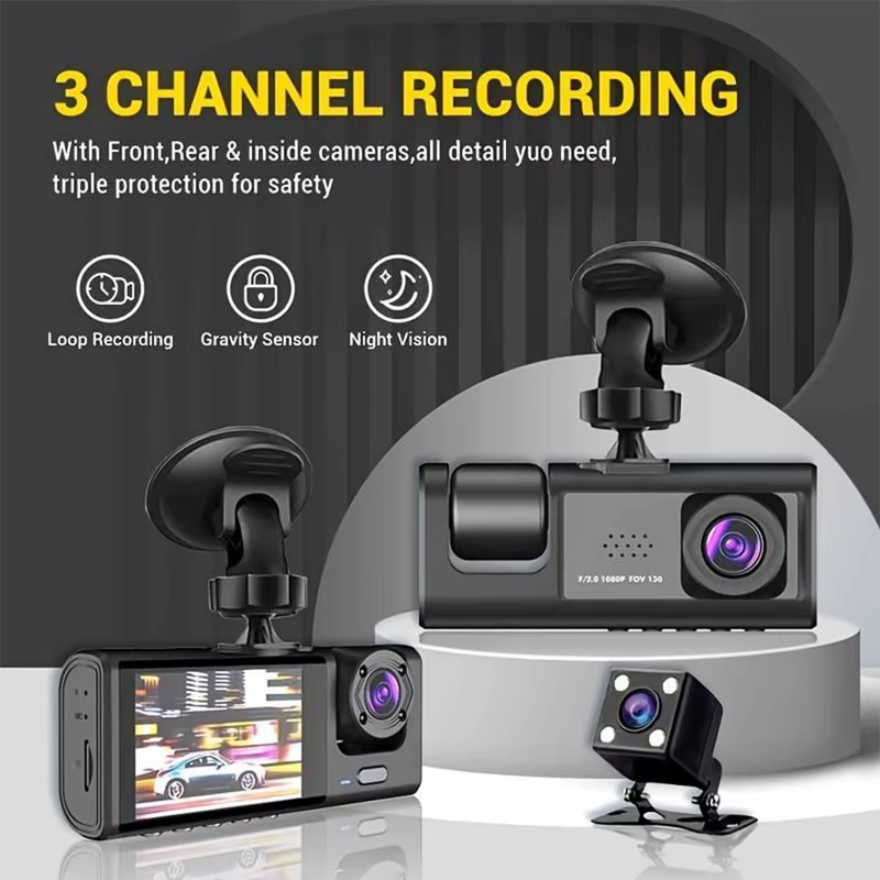 1080P Car Dash Cam with 32G, Loop Recording Car DVR IPS Screen 3 Channel Cameras