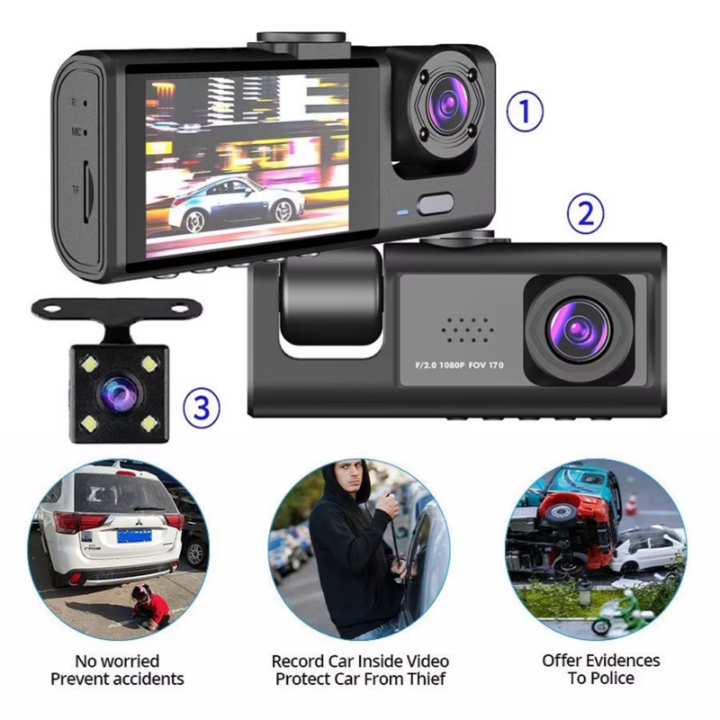 1080P Car Dash Cam with 32G, Loop Recording Car DVR IPS Screen 3 Channel Cameras