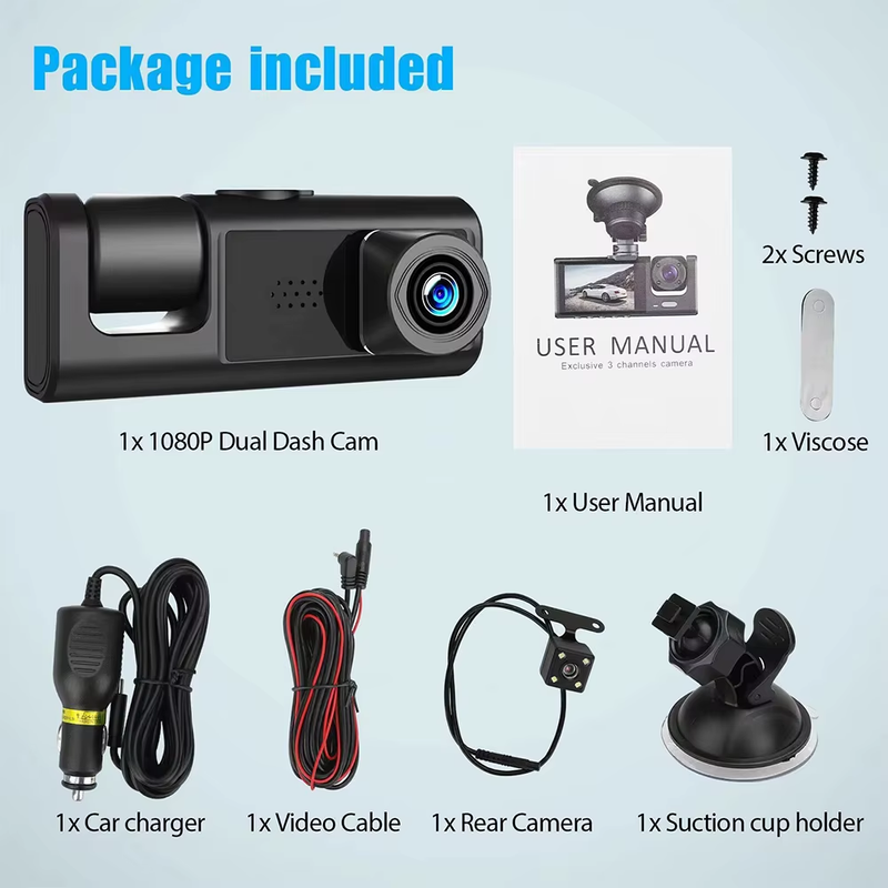 1080P Car Dash Cam with 32G, Loop Recording Car DVR IPS Screen 3 Channel Cameras