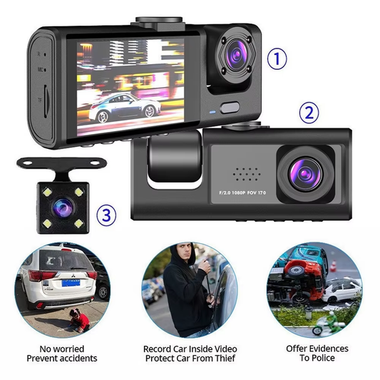 1080P Car Dash Cam with 32G, Loop Recording Car DVR IPS Screen 3 Channel Cameras