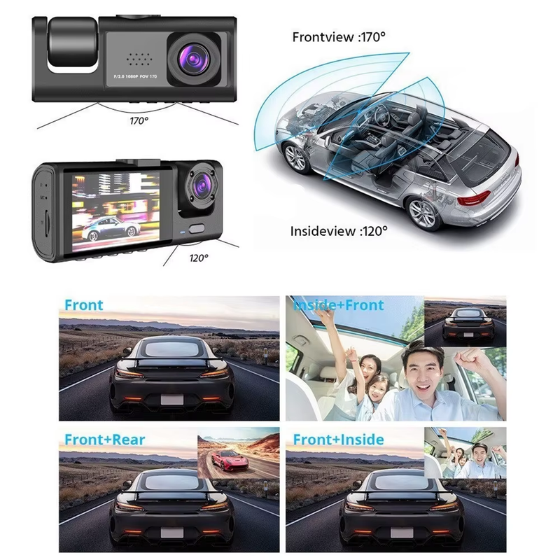 1080P Car Dash Cam with 32G, Loop Recording Car DVR IPS Screen 3 Channel Cameras