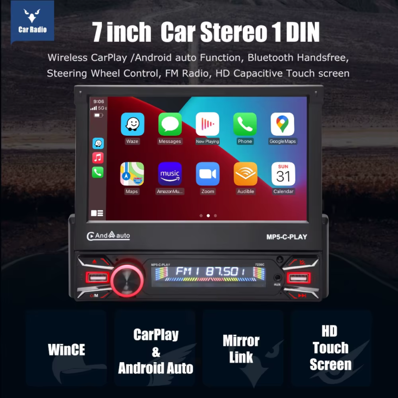 7'' Single 1 DIN Flip Out HD Screen Car Stereo Radio Wireless Apple Carplay Andro