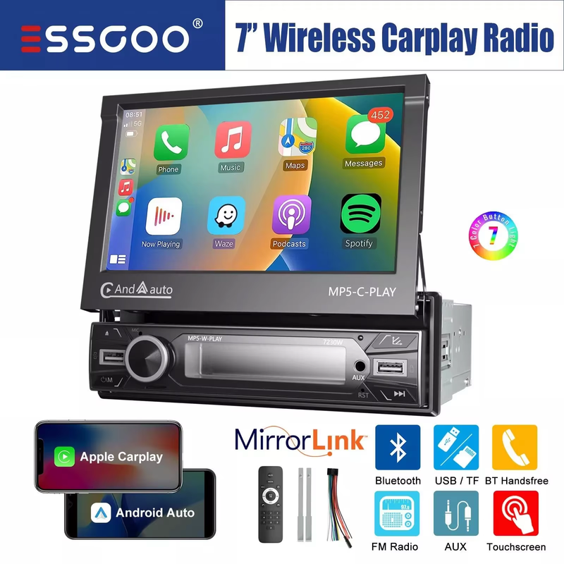 7'' Single 1 DIN Flip Out HD Screen Car Stereo Radio Wireless Apple Carplay Andro