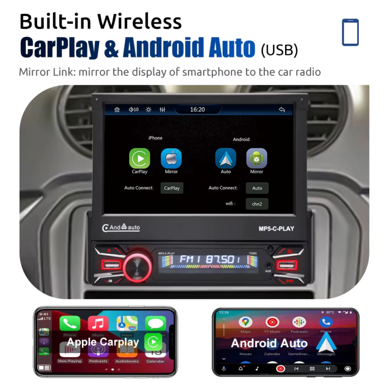7'' Single 1 DIN Flip Out HD Screen Car Stereo Radio Wireless Apple Carplay Andro
