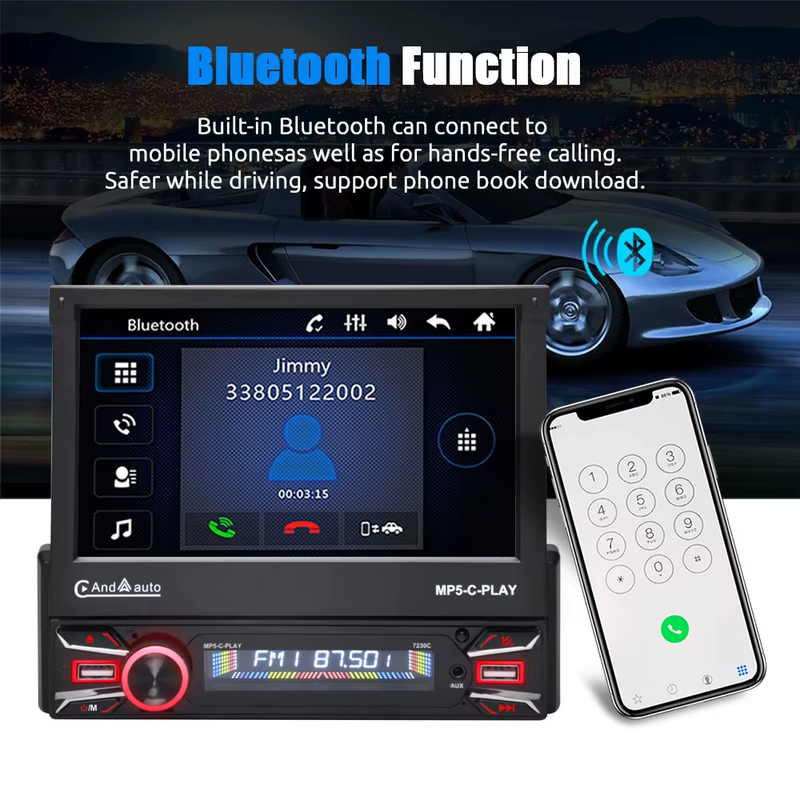 7'' Single 1 DIN Flip Out HD Screen Car Stereo Radio Wireless Apple Carplay Andro