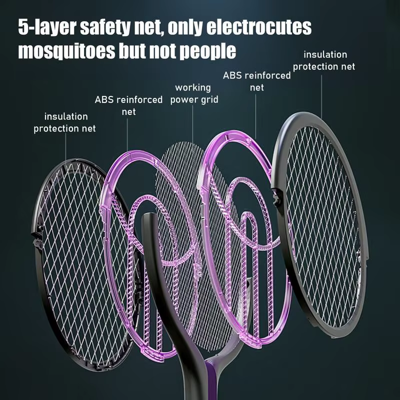 Fly Swatter Racket 2800V Electric Gnats Fly Trap Swatter USB Rechargeable 5-Laye