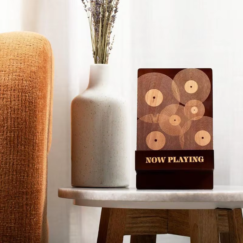 Wood Record Holder Now Playing Wood Record Stand Engraved Design Newspaper File