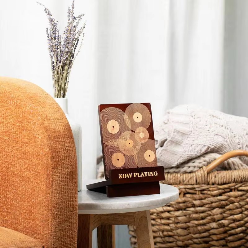 Wood Record Holder Now Playing Wood Record Stand Engraved Design Newspaper File