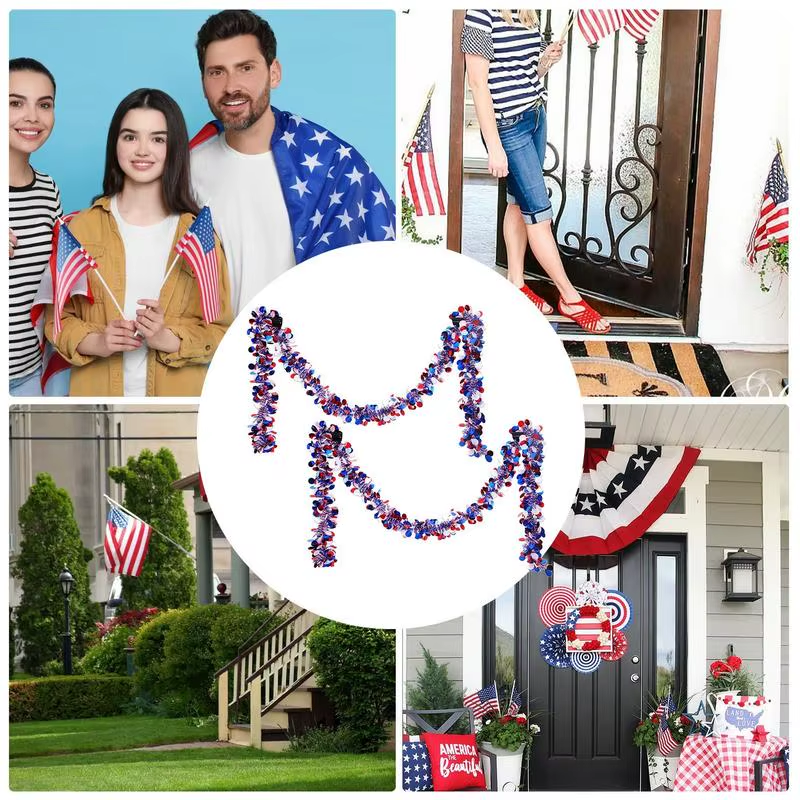 Patriotic Tinsel Garland 2X Glitter 4Th of July Star Tinsel Twist Garland Red Wh