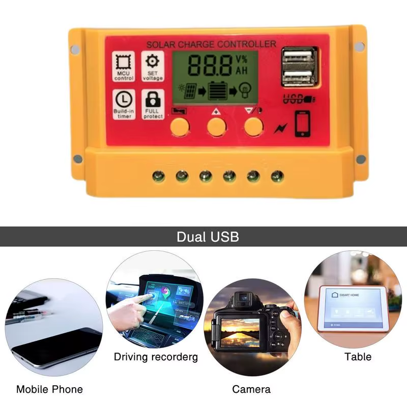 Solar Battery Controller 12V/24V Regulator with Adjustable LCD Double USB Port P