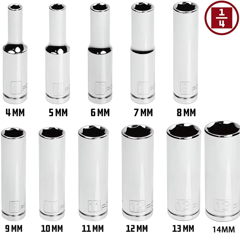 11Pcs Metric Long Chrome Socket Set 1/4-Inch Drive 6-Point Deep Socket from 4 Mm