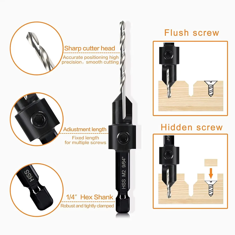 Conical Drill Bit Countersink Woodwork Pilot Holes HSS Universal Counterbore Cut