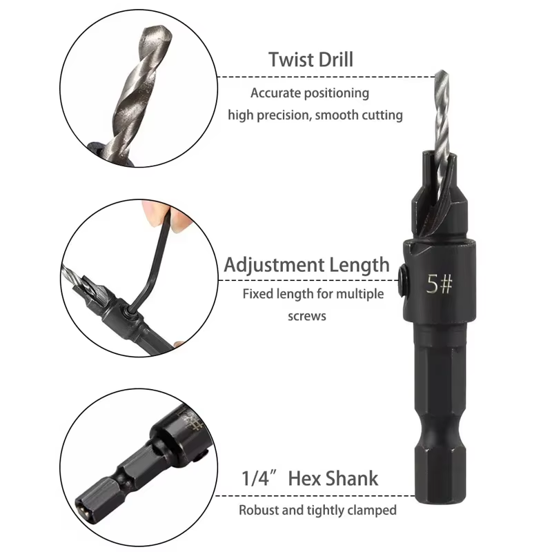 Conical Drill Bit Countersink Woodwork Pilot Holes HSS Universal Counterbore Cut
